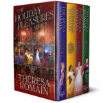 Cover for the Holiday Pleasures box set by Theresa Romain. Festive greenery and lighting backs thumbnail cover images of the four books in the series.